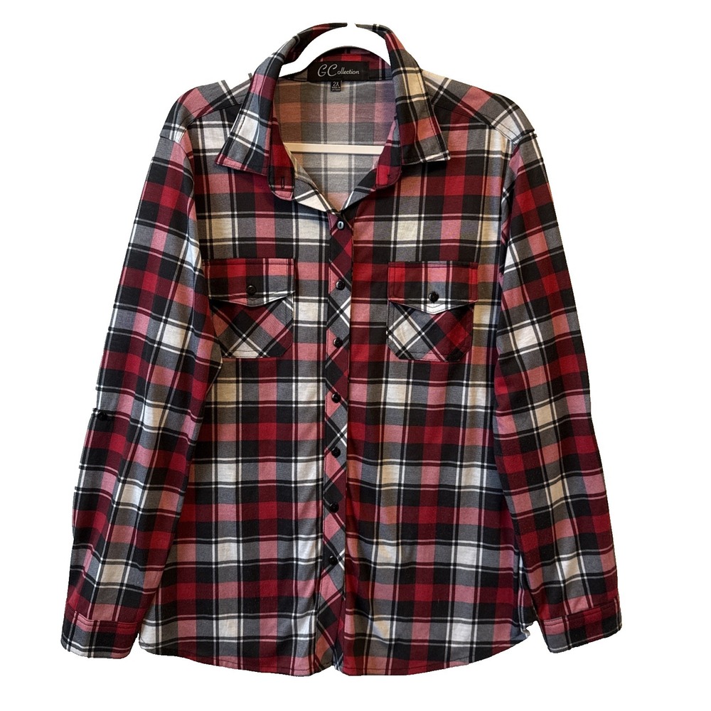 Y2K Grunge Red Plaid Soft Lightweight‎ Button Up Shirt Women's 2X Layering Camp